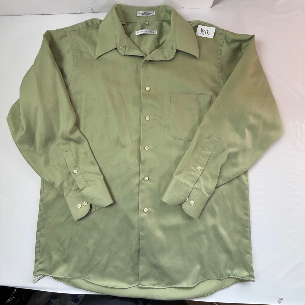 Geoffrey Beene Dress Shirt Mens L 16.5 32/33 Green Sateen Wrinkle Free Button Up